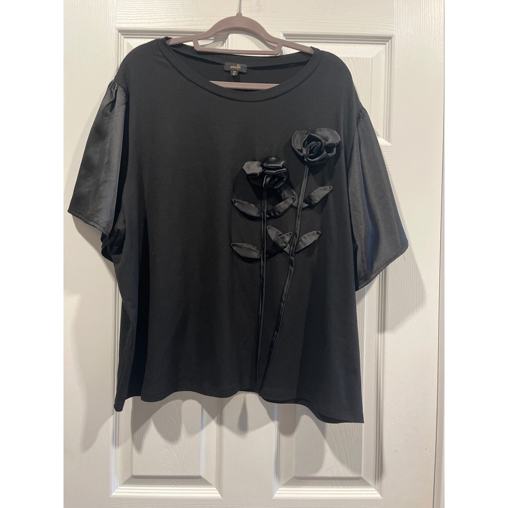 Ontwelfth Black 3D Satin Rose Applique Flutter Sleeve Knit Top Plus Size 3X